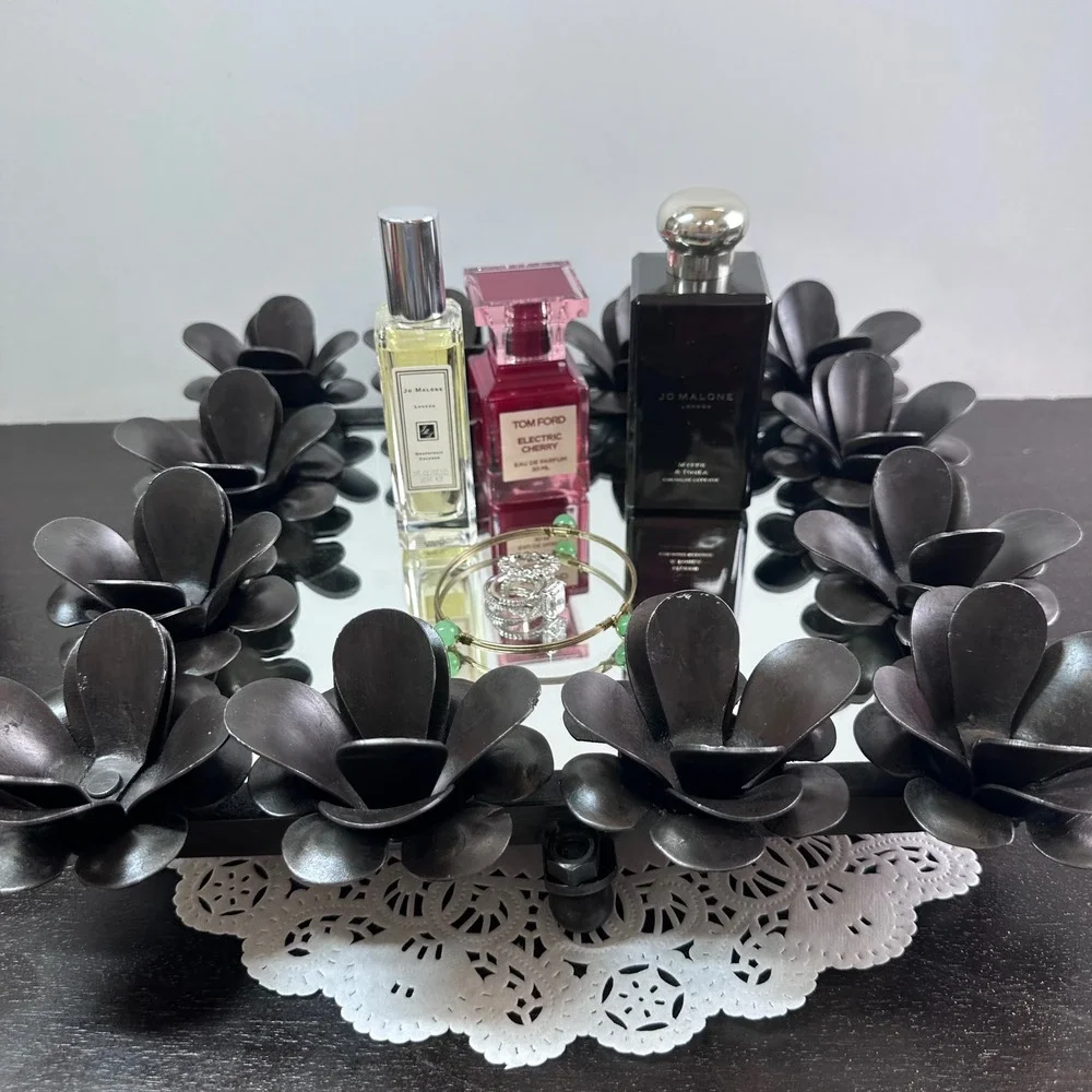 Vintage Brutalist Black Metal Floral Square Mirror Vanity Tray 11.5